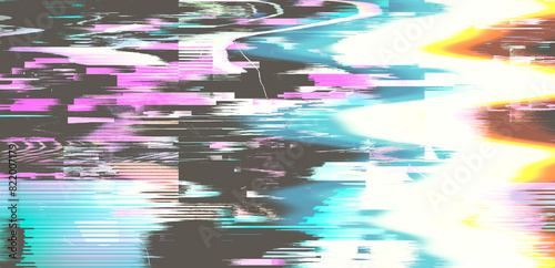 Vaporwave style background with datamoshing lo-fi effect and holographic pixelated glitches. Concept of bug in program or video decay.