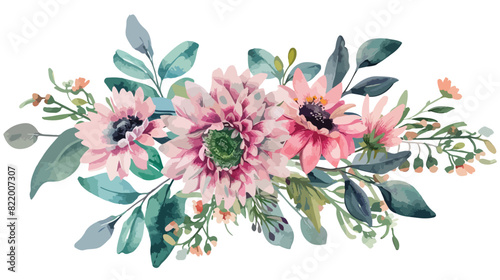 Watercolour Flowers Wreath Pink Green Chrysanthemum style