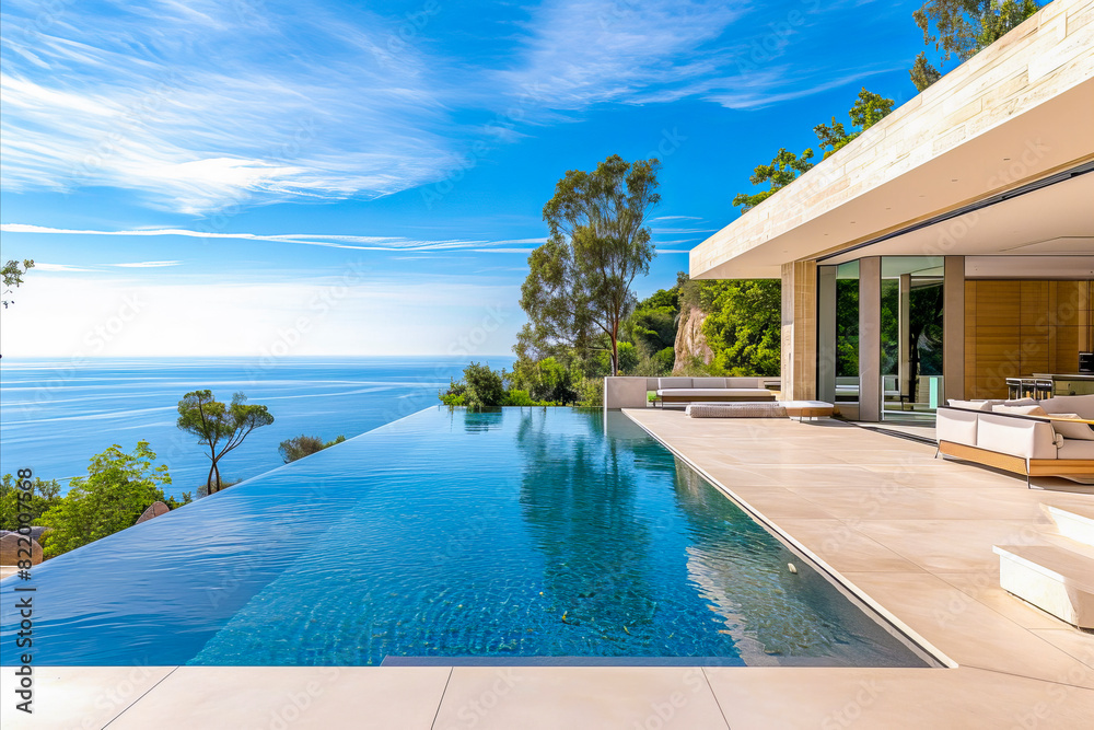 Fototapeta premium An infinity pool merges with the ocean beside a modern villa under a clear sky, surrounded by lush greenery