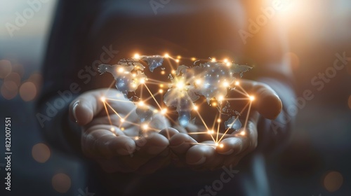 businessman holding Global network connection Big data analytics and business intelligence concept World map point and line composition concept of global businessDigital link tech : Generative AI