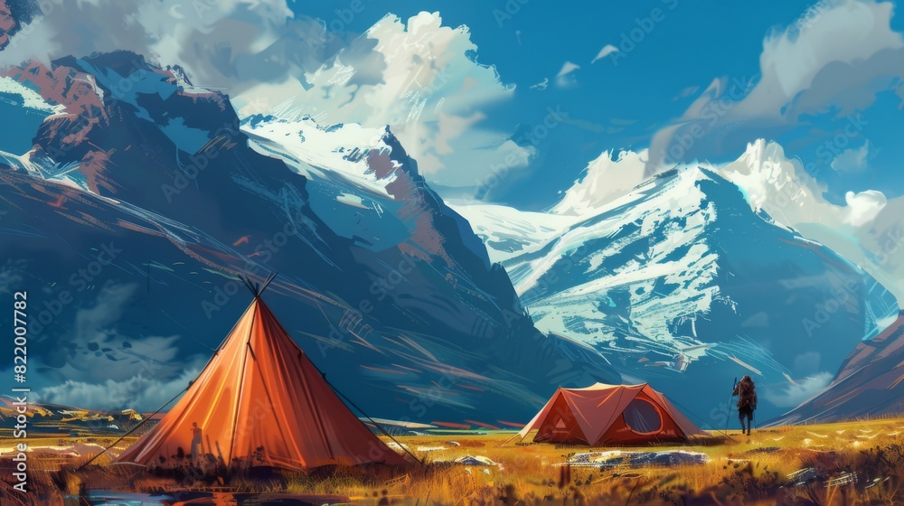 Camping hiking with tent. Mountains landscape. Nature illustration generated by AI