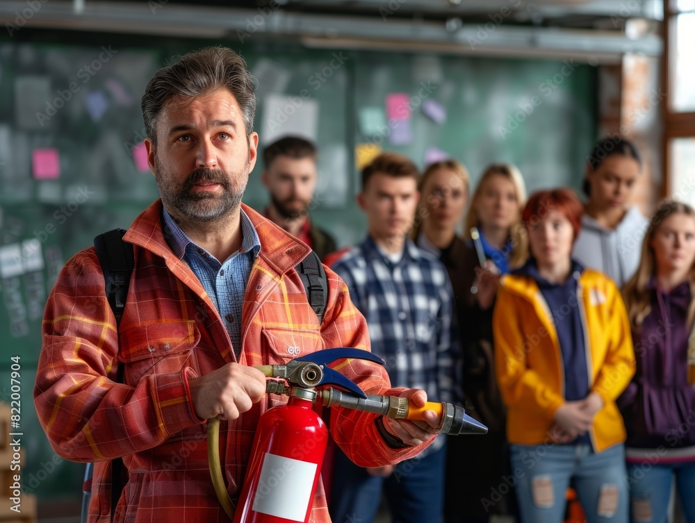 A man instructing a group on using a fire extinguisher, emphasizing safety, preparedness, and teamwork in a classroom setting A man instructing a group on using a fire extinguisher, emphasizing safety, preparedness, and teamwork in a classroom setting