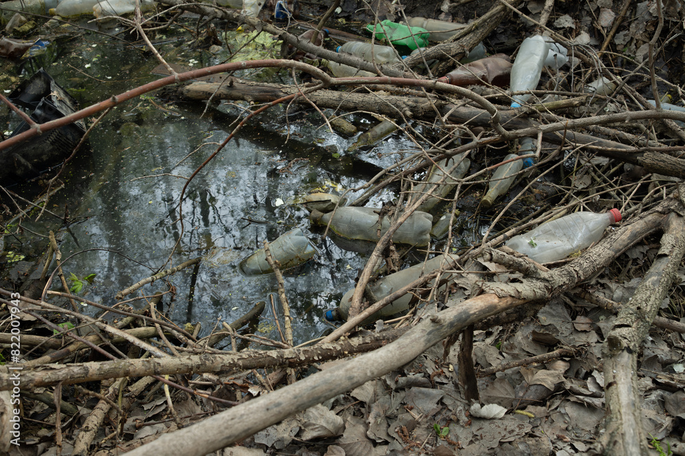 Plastic waste in the forest. Pollution of the environment.