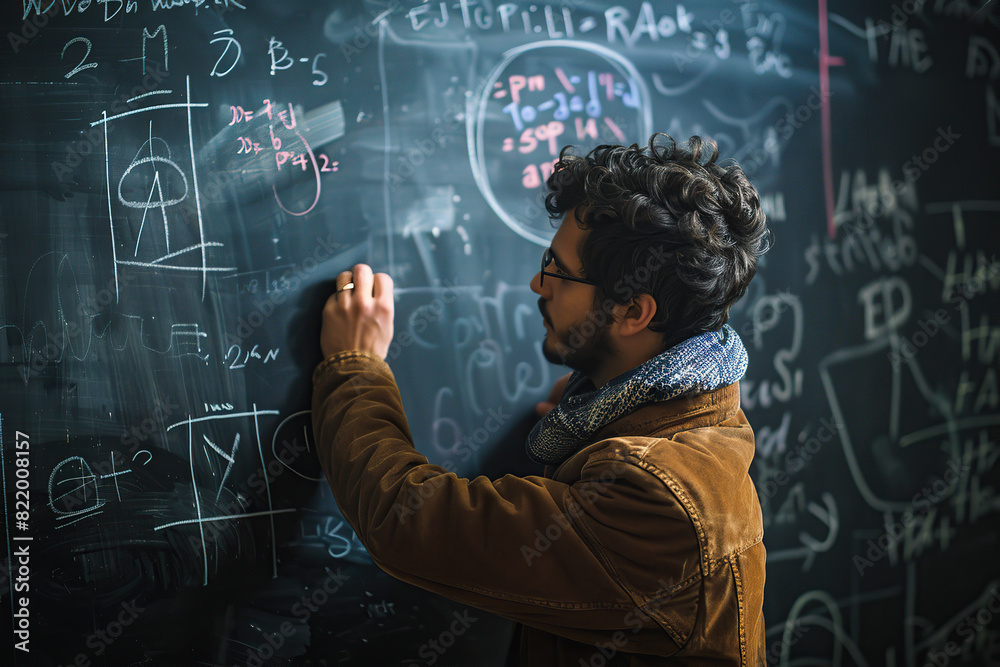 Smart student near the blackboard indoors.Student is learning in class. Complex math, arithmetic and examples. Numbers written with chalk on board. Math and Teacher Day Smart student near the blackboard indoors.Student is learning in class. Complex math, arithmetic and examples. Numbers written with chalk on board. Math and Teacher Day