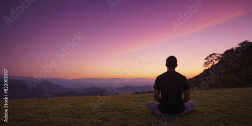 A peaceful man sitting under a purple sky in the mountain  in a natural environment  practicing mindfulness