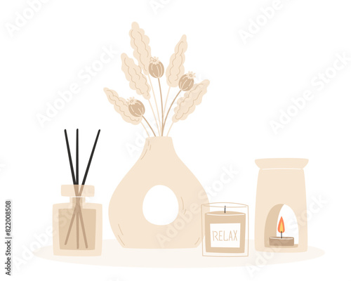 Aromatherapy and relaxation as interior decor in flat style