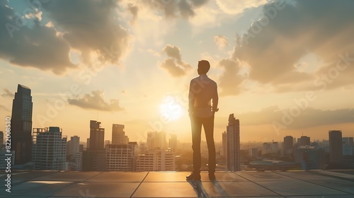 Business man and thinking at city on rooftop about career or future with goal in company Professional person and skyscraper on roof is standing with vision or hope for decision as lead : Generative AI