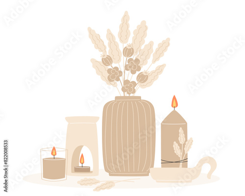 Aromatherapy and relaxation as interior decor in flat style
