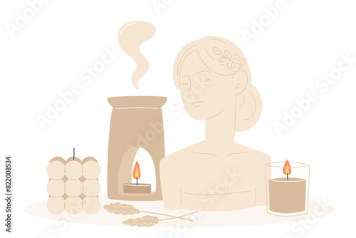 Aromatherapy and relaxation as interior decor in flat style