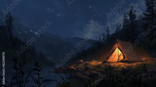 Wallpaper Mural Camping hiking with tent. Mountains landscape. Nature illustration generated by AI Torontodigital.ca