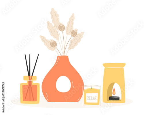Aromatherapy and relaxation as interior decor in flat style