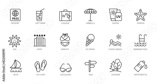 Summer, vacation, beach elements - minimal stroke line web icons set. Outline icons collection. Simple vector illustration.