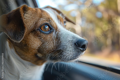 A dog with brown and white fur is looking out the window of a car