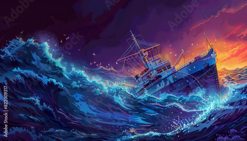 Dramatic illustration of a ship battling a stormy sea at sunset, showcasing turbulent waves and intense weather. Perfect for maritime themes. photo