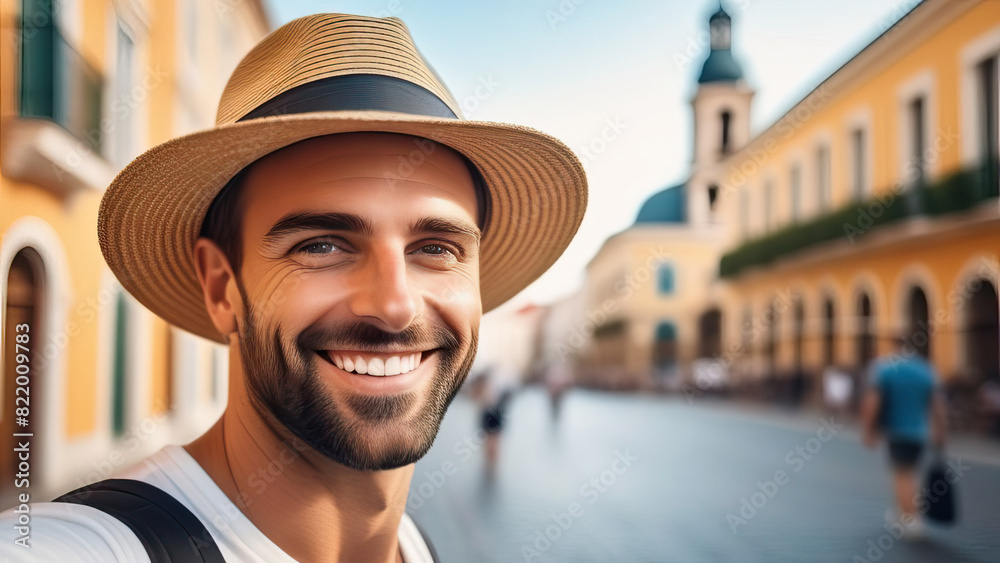 Smiling Good-Looking Guy in Hat Capturing Selfie in Old City Portrait Smiling Good-Looking Guy in Hat Capturing Selfie in Old City Portrait