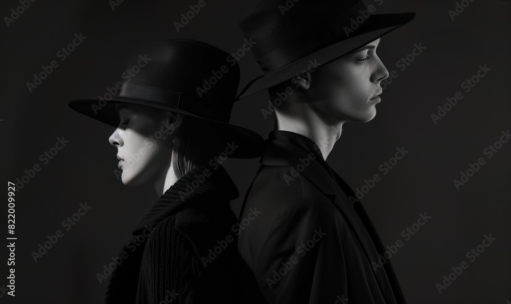 Black and white elegant high fashion photo of two models in studio. Magazine cover portrait.