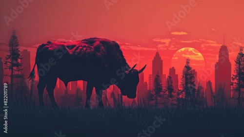 Stock market exchange, graphic of bull.