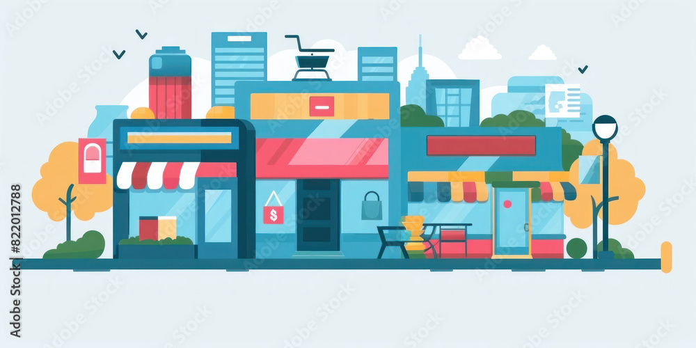 Colorful flat illustration of vibrant cityscape with charming storefronts and skyline backdrop Colorful flat illustration of vibrant cityscape with charming storefronts and skyline backdrop