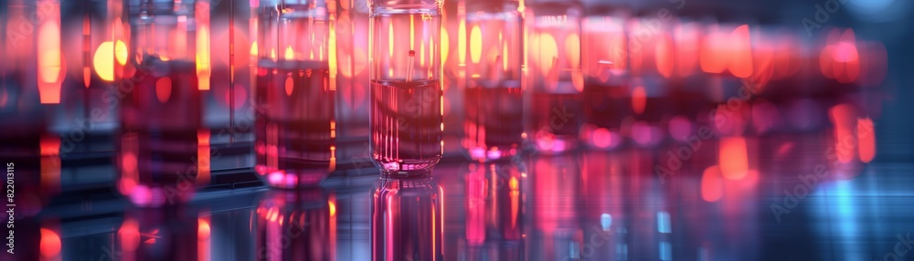Close-up of a row of glass vials filled with red liquid in a laboratory setting, highlighting a research environment with vibrant lighting.