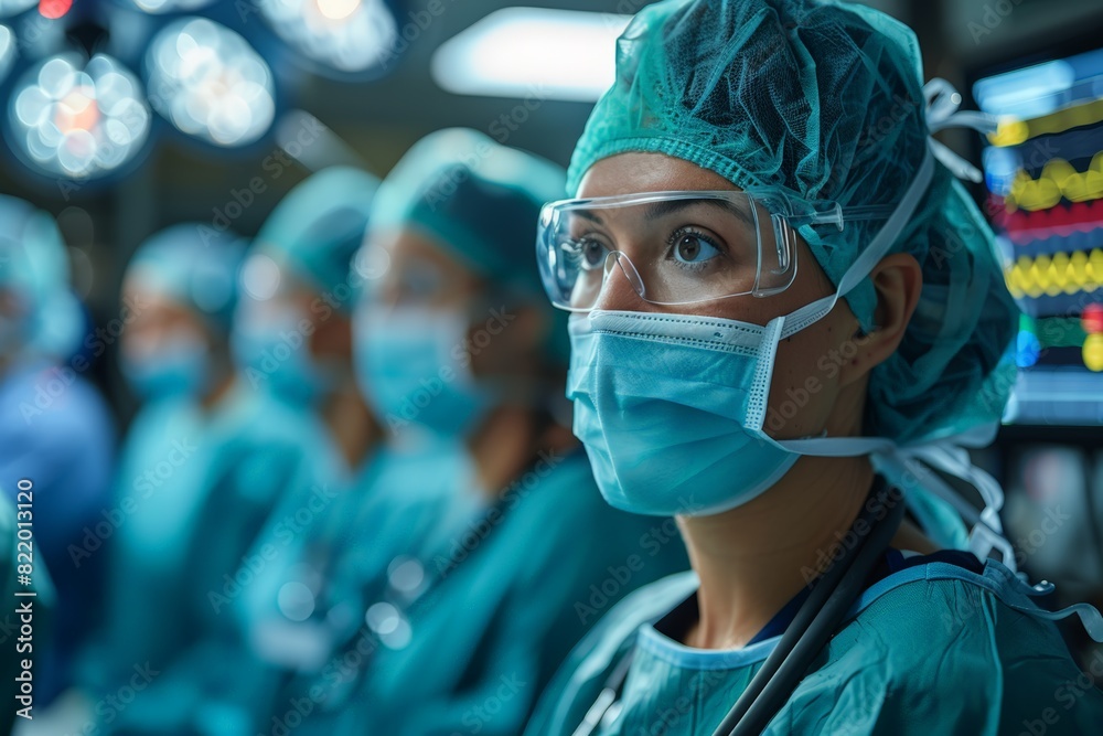Group of doctors in scrubs and masks attending to patients Group of doctors in scrubs and masks attending to patients