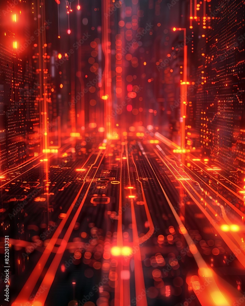Fototapeta premium Futuristic digital circuit with glowing orange lights, illustrating advanced technology and innovation in a virtual environment.