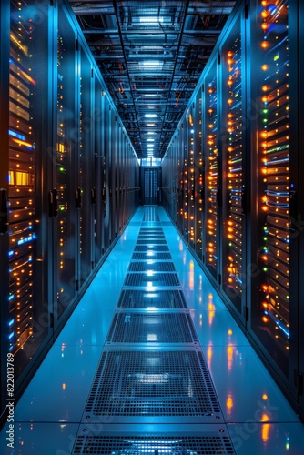 Rows of servers in a busy data center hallway photo