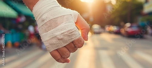 Fractured human arm bone in protective cast for supporting healing and recovery process photo