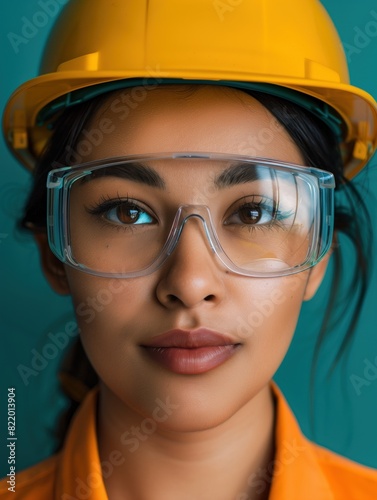 Closeup photo of female engineer at construction site. She is in working clothes, safety helmet and safety glasses