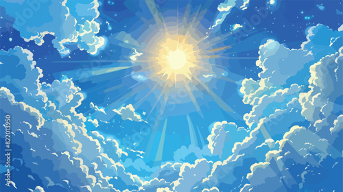 Anime style sky with clouds and sun. Vector cartoon illustration