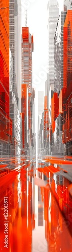 Futuristic cityscape with vibrant red tones and towering skyscrapers, showcasing modern urban architecture and innovation, reflected on a glossy surface. photo