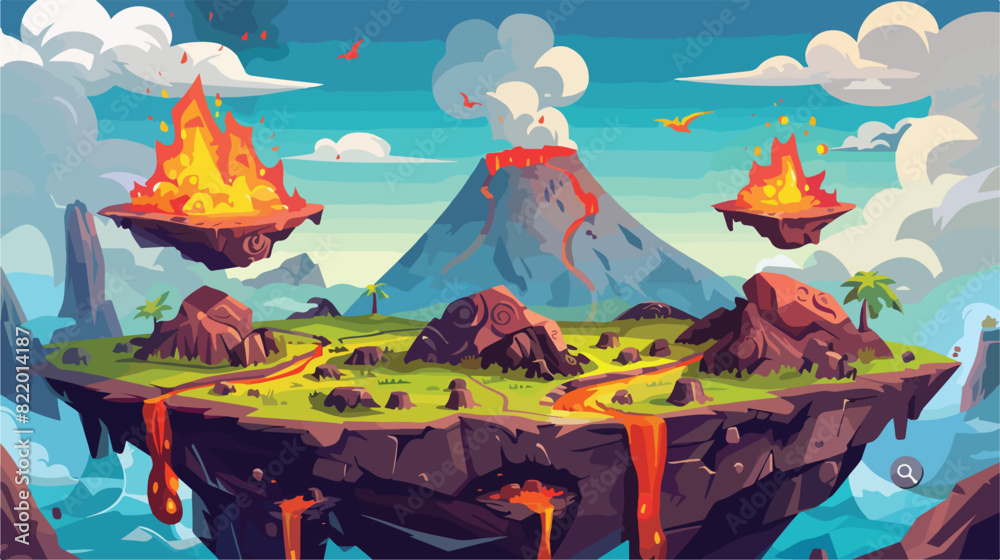 Arcade game map with floating volcanic islands. vector