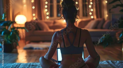 Woman practicing yoga at home during the evening in a cozy, warm setting with soft lighting and comfortable decor for relaxation and mindfulness.