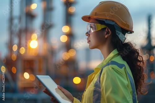 Female Engineer at construction site with digital tablet in her hand. She is in working clothes, safety helmet and safety glasses