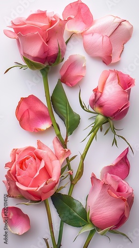 Close up of blooming pink roses flowers and petals isolated on white table background. Floral frame composition. Decorative web banner. Empty space, flat lay, top view. © Павел Озарчук
