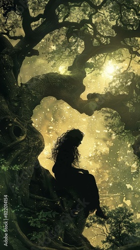 Tranquil silhouette of a dryad, natures caretaker, woven into the branches of a sprawling ancient tree, set in a fantasy world that exudes calm and serenity photo