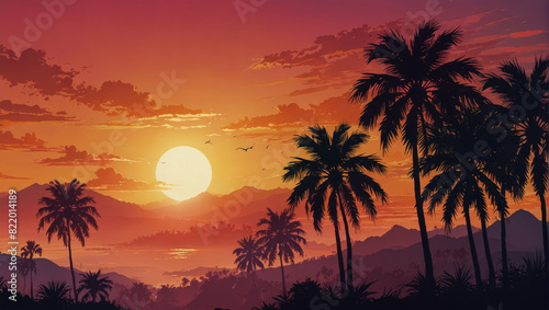 Tranquil Sunset Scene with Flying Birds and Palm Trees  Retro 1980s style