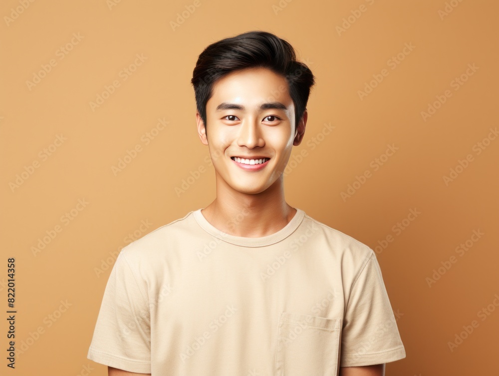 Beige Background Happy asian man realistic person portrait of young teenage beautiful Smiling boy good mood Isolated on Background ethnic diversity equality 