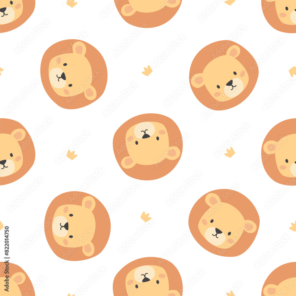 Cute lion faces and a crown. Vector Pattern on white background for printing on children's products. Vector illustration