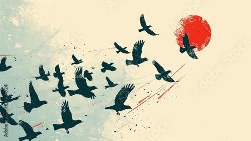 Flock of Birds Flying Towards Abstract Red Sun