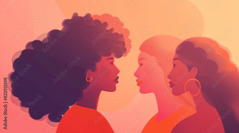 Abstract Illustration of Three Women in Conversation Against Warm Background