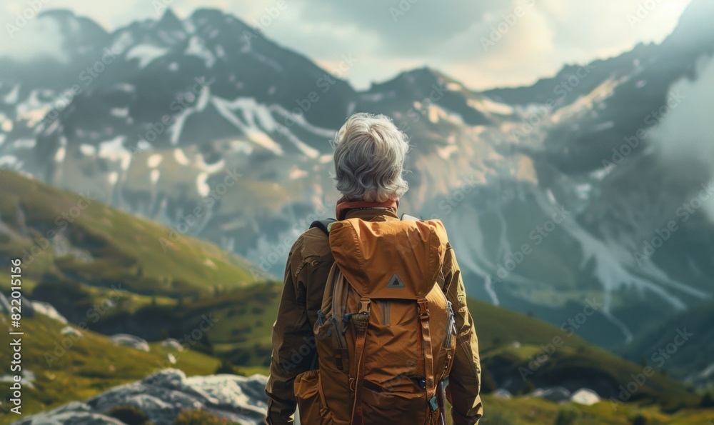 AI generated image of mature senior woman hiking on mountains