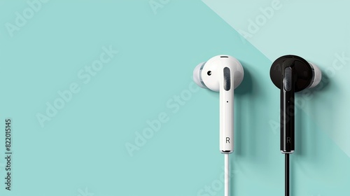 White and Black Earbuds on Pastel Blue Background