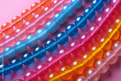 Assorted colored beads on pink background