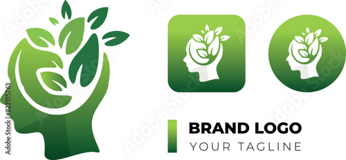 Logo design for Individual WellBeing Health Brand with brain, Vitamins, Minerals theme thinking green. Nature app icon and Organic eco sign. Green gradient nature emblem modern Vector illustration