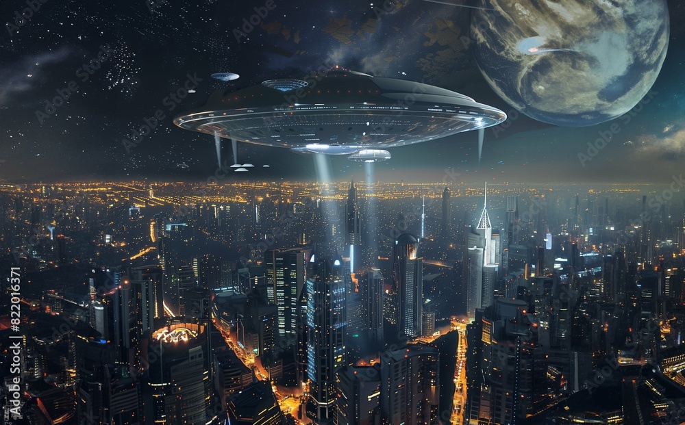 Ufo flies in the night sky over a modern city, generative ai Ufo flies in the night sky over a modern city, generative ai