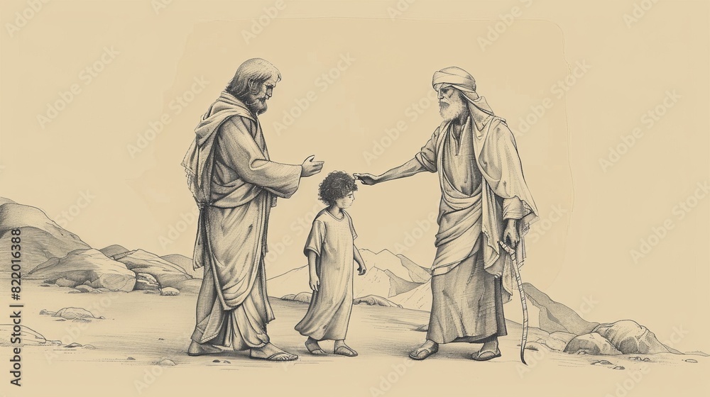 Obraz premium Abraham’s Test of Faith: Preparing to Sacrifice Isaac - Biblical Watercolor Illustration