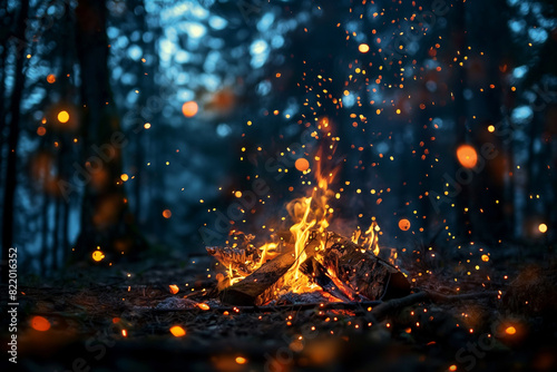 Burning campfire on a dark night in a forest. The bonfire burns amidst the trees, creating a beautiful landscape of nature. Sparks and flames dance in the autumn air during a vacation in the mountains