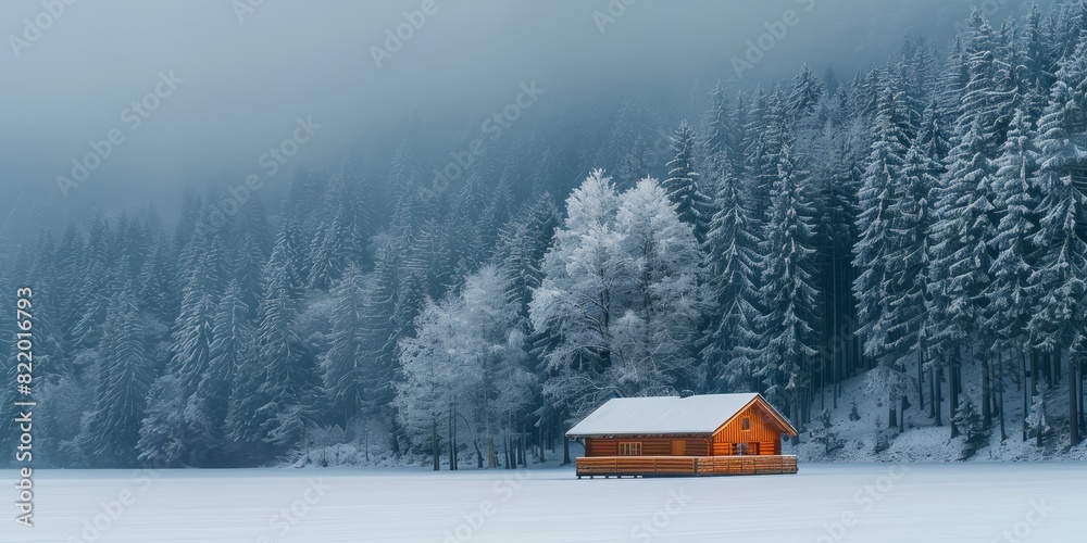 Wooden house and trees in snowy forest Wooden house and trees in snowy forest