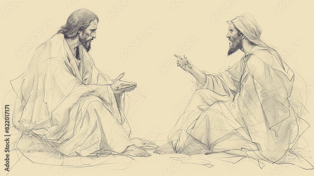 Fototapeta premium Jesus Facing Temptation by Satan in the Wilderness - Biblical Watercolor Illustration