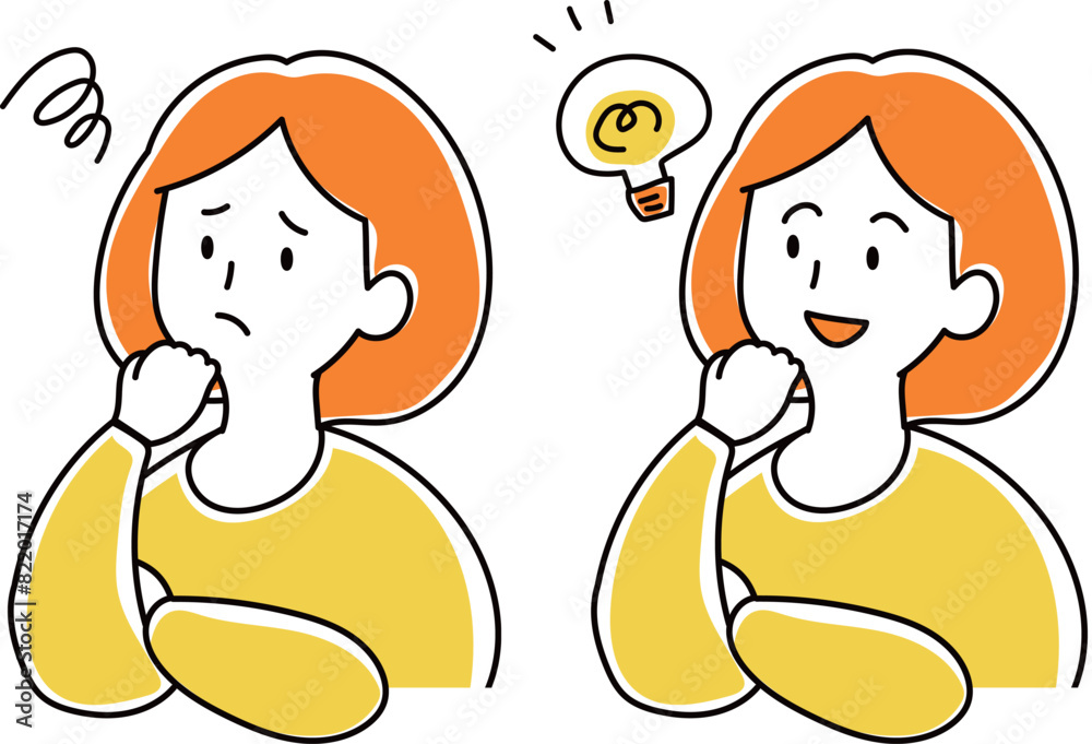 ひらめいた人　困っている人　女性のイラスト